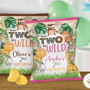 Dwie torby Wild Custom Chip Bags, etykiety Wild Things Chip Bags, wydrukowane torby upominkowe na drugie urodziny dziewczynki lub chłopca, upominki i dekoracje na imprezę - PDF