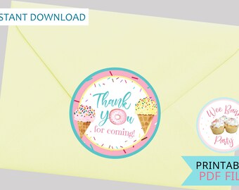 Stickers imprimables C'est une douce, autocollants ronds de remerciement pour fille d'anniversaire avec crème glacée et donut pour les décorations de cadeaux - TÉLÉCHARGEMENT IMMÉDIAT