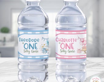 Etiquetas para botellas de agua de cumpleaños de One Silly Goose, recuerdos personalizados para el primer cumpleaños de niño y niña, decoración para el primer cumpleaños de Silly Goose - PDF imprimible