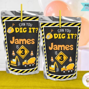 Construction Birthday Party Drink Pouches Labels, Construction Theme Party Juice Labels, Printable Custom Party Favors & Decorations - .PDF