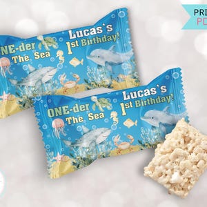 Oneder The Sea Rice Crispy Treats Labels, Under The Sea Party Favors 1st Birthday Boy, Printable Ocean Animals First Birthday Decor - PDF