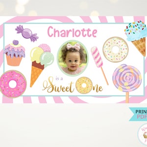 Sweet One verjaardagsfeestje achtergrond, meisje baby 1e verjaardag banner afdrukbaar, aangepaste ijs donut partij 1 jaar oude verjaardagsdecoratie-PDF