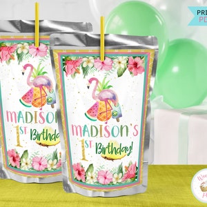 Luau Flamingo Tropical Juice Pouch Labels, Hawaiian Pineapple Party Custom Drink Juice Labels, Do It Yourself Beach Birthday Decorations