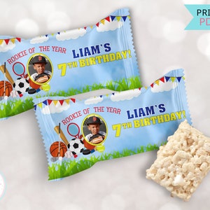 Rookie of the Year Rice Krispy Treats Labels, Sports Birthday Rice Krispie Labels, Custom Sports Party Favors 7th Birthday Boy Printable PDF