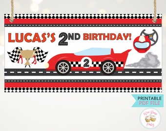 Fondo de fiesta de cumpleaños de coche de carreras, pancarta de cumpleaños imprimible de 2 años, cartel personalizado de decoraciones de coches de carreras de deportes rápidos para niños - PDF