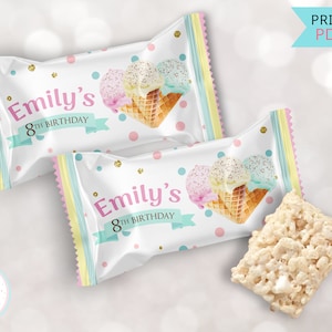 Ice Cream Themed Rice Krispy Treats Labels, Rice Crispy Labels Ice Cream Party Favors, Printable Girl Ice Cream Birthday Decorations - PDF
