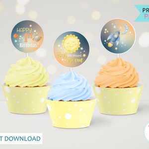 First Trip Around The Sun Cupcake Wrappers & Toppers, Space 1st Birthday Cupcake Liner, Printable Space Theme Birthday Cupcake Decorations