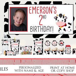 Cow Print Farm Birthday Decoration Bundle, Barnyard Farm Animal Printable Party Favors, 1st 2nd 3rd Cow Birthday Decor Boy or Girl- PDF