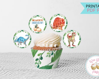 Dinosaur Cupcake Toppers & Cupcake Wrappers Set, Dinosaur Cupcake Decorations, Printable Jurassic Birthday Party Cup Cake Toppers