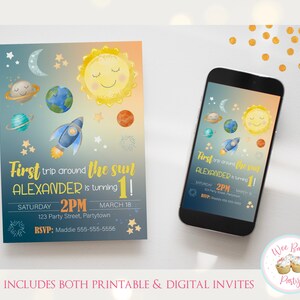 First Trip Around The Sun Birthday Invitation, One Year Space Theme Birthday Invite, Printable Outer Space 1st Birthday Boy Decor- PDF