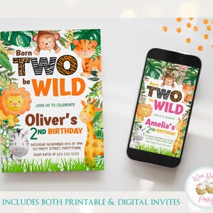 Zaproszenie na urodziny „Dwa dzikie” dla chłopca lub dziewczynki na drugie urodziny, zaproszenie na imprezę „Zwierzę z Safari Jungle Zoo” dla dwojga, bądź dziki do wydrukowania zdjęcie 1
