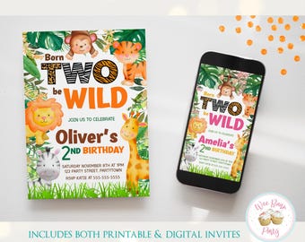 Two Wild Birthday Invitation, 2nd Birthday Boy or Girl Second Birthday Invite, Safari Jungle Zoo Animal Born Two Be Wild Party Printable