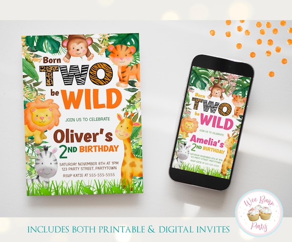 Two Wild Birthday Invitation, 2nd Birthday Boy or Girl Second Birthday Invite, Safari Jungle Zoo Animal Born Two Be Wild Party Printable
