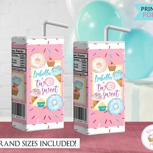 Two Sweet Birthday Juice Box Sticker Label Ice Cream Donut Birthday Party Printable Juice Labels 2 Year Old Birthday Girl Decorations PDF