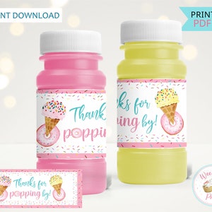 Sweet One Birthday Party Bubble Labels, Donut Ice Cream Birthday Bubble Stickers, Printable Party Favors Bottle Labels  - INSTANT DOWNLOAD