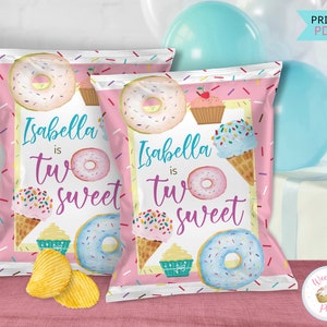 Two Sweet Birthday Chip Bag Labels, 2 Year Old Birthday Printable Custom Chip Bags, Toddler Girl Ice Cream Donut Chip Bag Party Favors - PDF