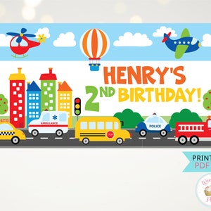 Transportation Birthday Banner, Truck Car Theme Birthday Name Banner Backdrop, Personalized 2nd Birthday Boy Transportation Party Wall Decor image 5