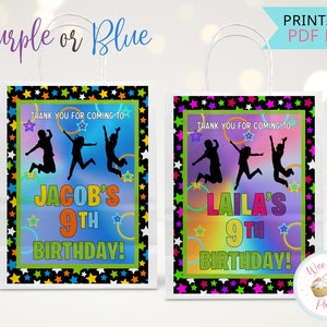 Trampoline Bounce Birthday Custom Gift Tags, Jump Party Favors Bags Thank You Stickers, Printable Bounce House Party Decorations - PDF