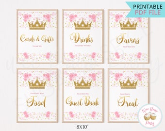 Pink Princess Birthday Signs, Princess Party Drinks Guest Book Party Favor Gift Table Printable Signs, First Birthday Princess Party Decor