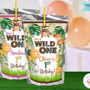Etykieta na soki urodzinowe Wild One, Dekoracje na napoje Wild One Party, Safari Wild One Dekoracje na przyjęcie urodzinowe i upominki na przyjęcie - PDF