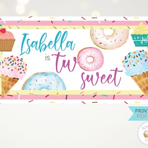 Deux jolies toiles de fond de fête d'anniversaire, bannière d'anniversaire de 2 ans imprimable, décorations personnalisées 2e anniversaire fille donut crème glacée - PDF