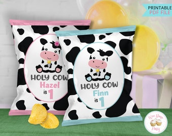 Holy Cow Im One Custom Chip Bags, One Year Old Cow Birthday Party Chip Bag Labels, Cow 1st Birthday Boy Girl Printable Party Decor - PDF