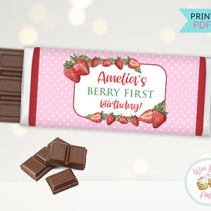 Berry First Birthday Candy Bar Wrappers, Berry 1st Birthday Custom Chocolate Bar Candy Wrappers, Printable Strawberry Birthday Decor - PDF