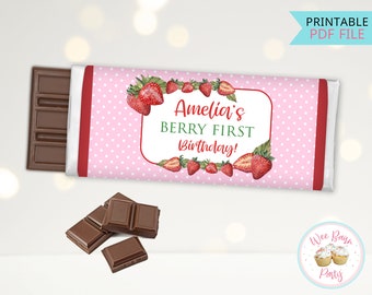 Berry First Birthday Candy Bar Wrappers, Berry 1st Birthday Custom Chocolate Bar Candy Wrappers, Printable Strawberry Birthday Decor - PDF