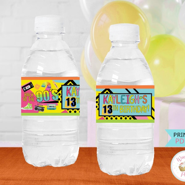 90s Birthday Party Water Bottle Labels, Back To The 90s Theme Party Water Bottle Sticker, Printable 90's Party Favors & Decorations - PDF