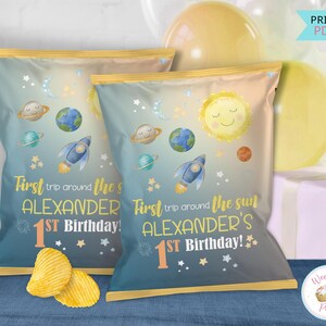 First Trip Around The Sun Custom Chip Bags, One Year Space Theme Birthday Chip Bag Labels, 1st Birthday Boy Outer Space Party Favors- PDF
