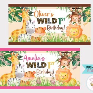 Wild One 1st Birthday Banner, Wild One Animal Party Decor Name Banner, Safari Wild One First Birthday Party Theme Girl Boy Decorations-  PDF