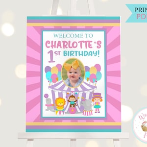 Pink Circus Party Welcome Sign, Circus Themed Party Custom Birthday Sign, Printable Baby Girl Circus 1st Birthday Decorations - PDF