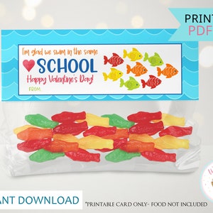 School of Fish Valentine Treat Bag Toppers, Gold or Swedish Classroom Valentines Candy Favor Bag Toppers, DIY Kids Class Party Printable