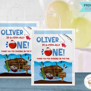 Ofishally One Birthday benutzerdefinierte Geschenkanhänger, O Fishally One Party Favors Bag 1. Geburtstag Junge, Printable Angeln Erster Geburtstag Dekorationen -PDF