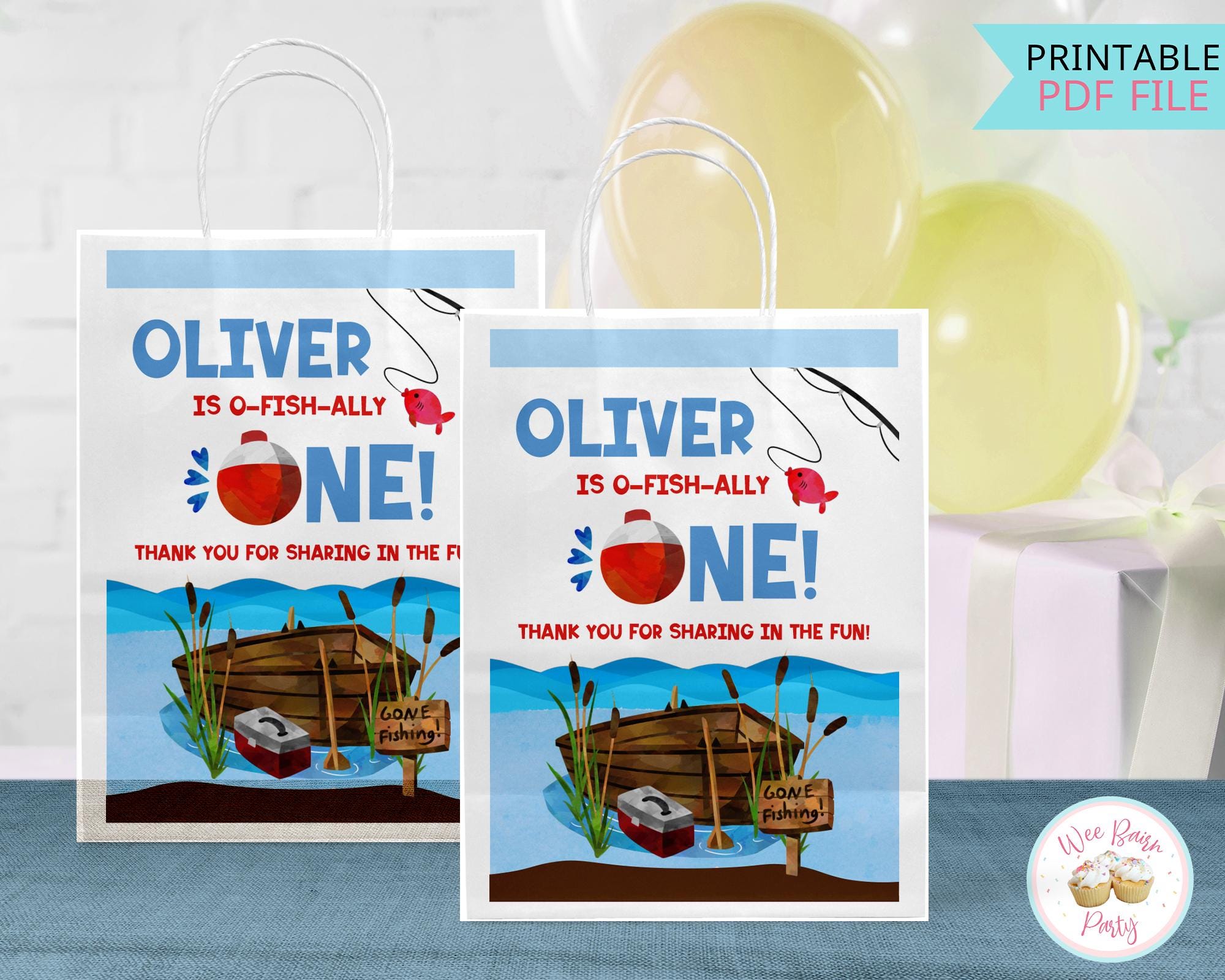 Ofishally One Birthday Custom Gift Tags, O Fishally One Party Favors Bag 1st Birthday Boy, Printable Fishing First Birthday Decorations -PDF