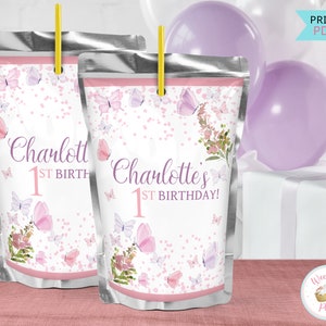 Butterfly Party Juice Pouch Label, 1st Birthday Girl Butterflies Drink Pouches Party Favors, Printable Floral Garden Butterfly Decorations