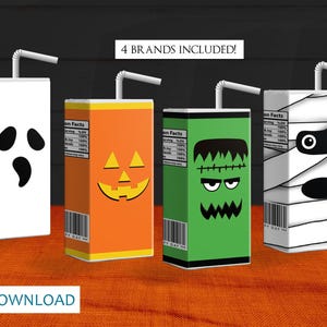 Halloween Juice Labels, Halloween Party Favors For Kids Juice Box Decorations, Printable Ghost Jack O Lantern Halloween Party Decor - PDF