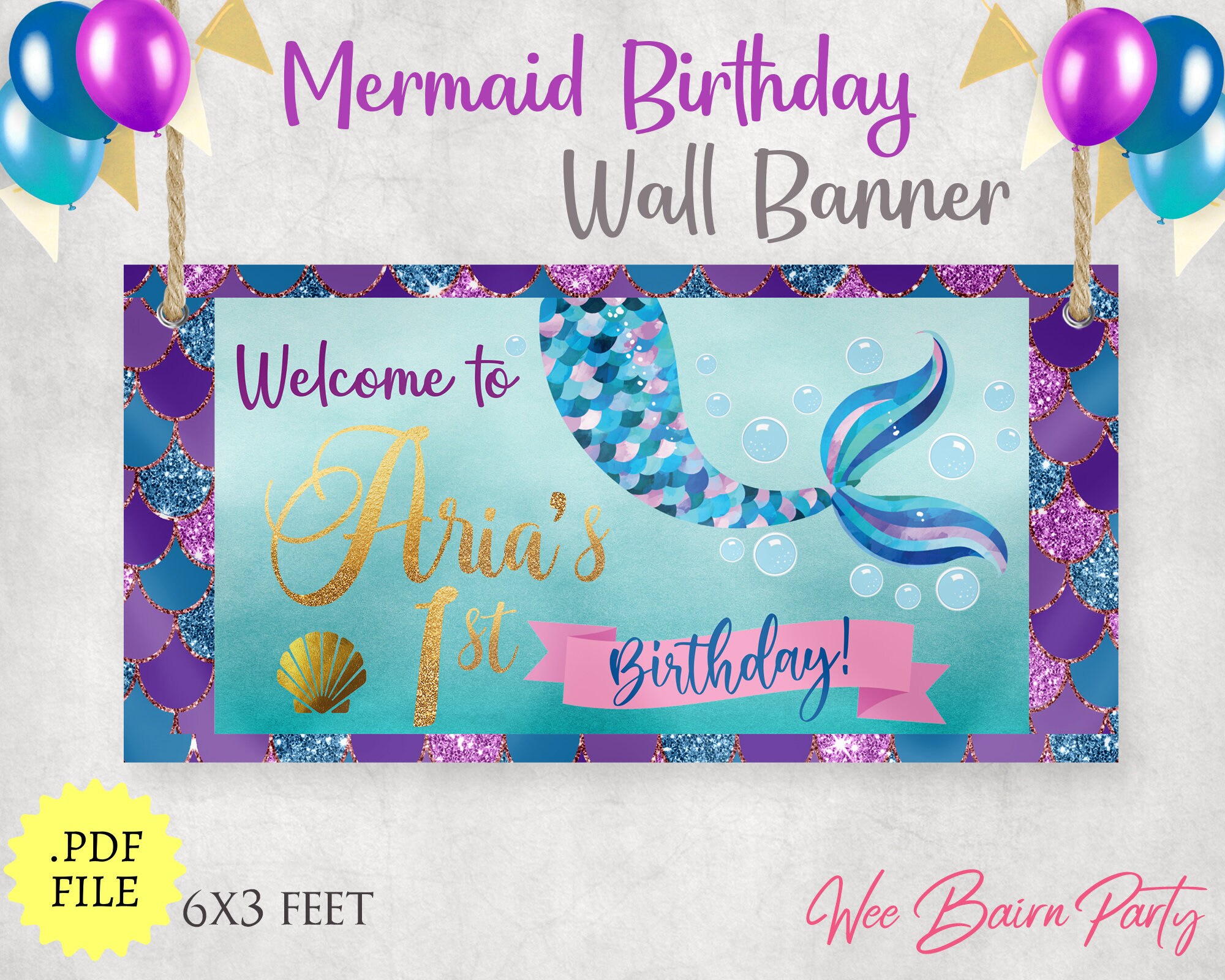 mermaid birthday banner custom name sign printable mermaid etsy