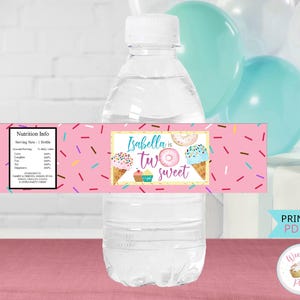 Twee zoete verjaardagslabels voor waterflessen, 2-jarige verjaardag afdrukbare waterflesstickers, ijsdonut voor meisjes Feestartikelen en decoraties
