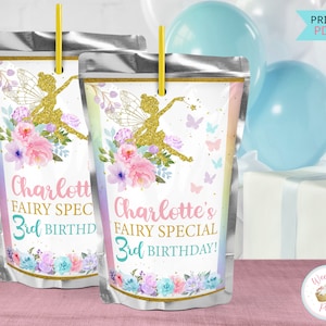 Woodland Fairy Party Juice Pouch Label, Flower Fairy Party Drink Pouches, 3 Year Old Birthday Garden Fairy Theme Decorations & Party Favors