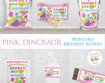Paquete de favor de fiesta de dinosaurios para niñas, paquete imprimible de cumpleaños de dinosaurios rosas, decoración personalizada de dinosaurios para niñas del 1er cumpleaños - PDF
