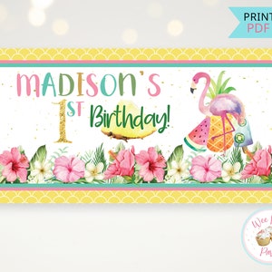 Hawaiian Luau Birthday Banner, Tropical Party Backdrop Welcome Sign, Printable Personalized Beach Bash Luau Birthday Decorations - PDF