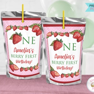 Berry First Birthday Juice Labels, Berry 1st Birthday Girl Drink Pouch Labels, Berry First Strawberry Birthday Decor Printable Favors - PDF
