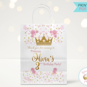 Pink Princess Birthday Party Favor Bags Printable Labels, Custom Gift Bags Thank You Stickers, Princess Party Favors Goodies Bags Label -PDF