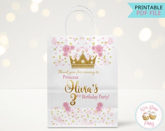 Pink Princess Birthday Party Favor Bags Printable Labels, Custom Gift Bags Thank You Stickers, Princess Party Favors Goodies Bags Label -PDF
