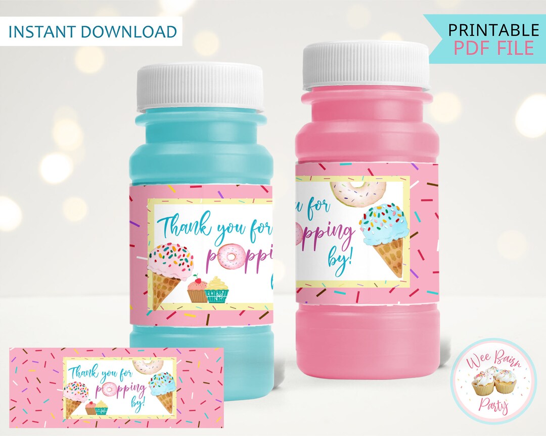 Two Sweet Birthday Party Bubble Labels, Donut Ice Cream Birthday Bubble Stickers, Printable