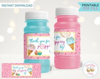Two Sweet Birthday Party Bubble Labels, Donut Ice Cream Birthday Bubble Stickers, Printable Party Favors Bottle Labels  - INSTANT DOWNLOAD