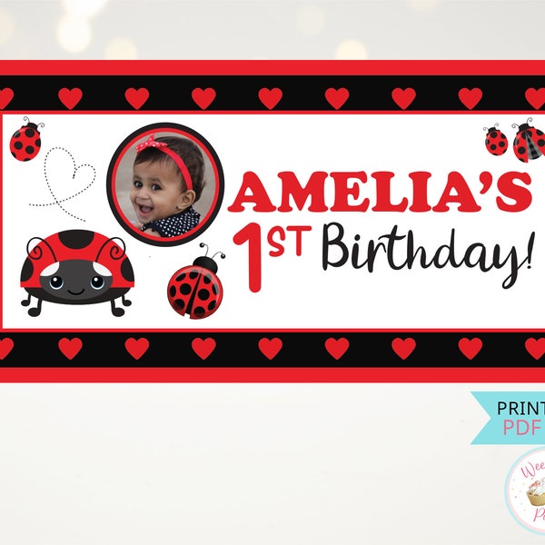 Ladybug Birthday Banner, Printable Ladybug Custom Party Backdrop Photo Banner, Baby Girl 1 Year Old Ladybug Birthday Party Personalized Sign