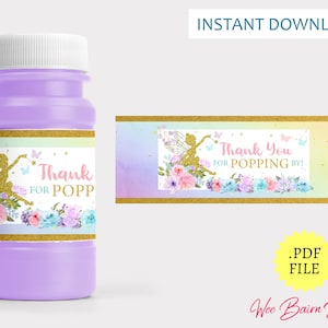 Woodland Fairy Party Bubble Labels, Flower Fairy Party Bubble Stickers, 3 Year Old Birthday Fairy Party Favors Bottle Labels - INST DOWNLOAD