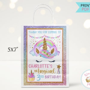 Einhorn Geburtstag individuelle Geschenkanhänger, 3 Jahre alter Geburtstag Einhorn Gastgeschenke Taschen Danke Aufkleber, druckbare Mädchen Einhorn Dekorationen-PDF